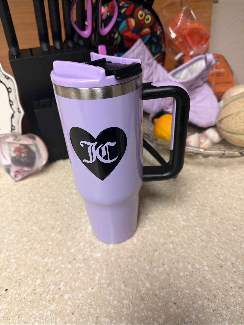Juicy Couture Lavender Travel Mug with Black Heart Logo